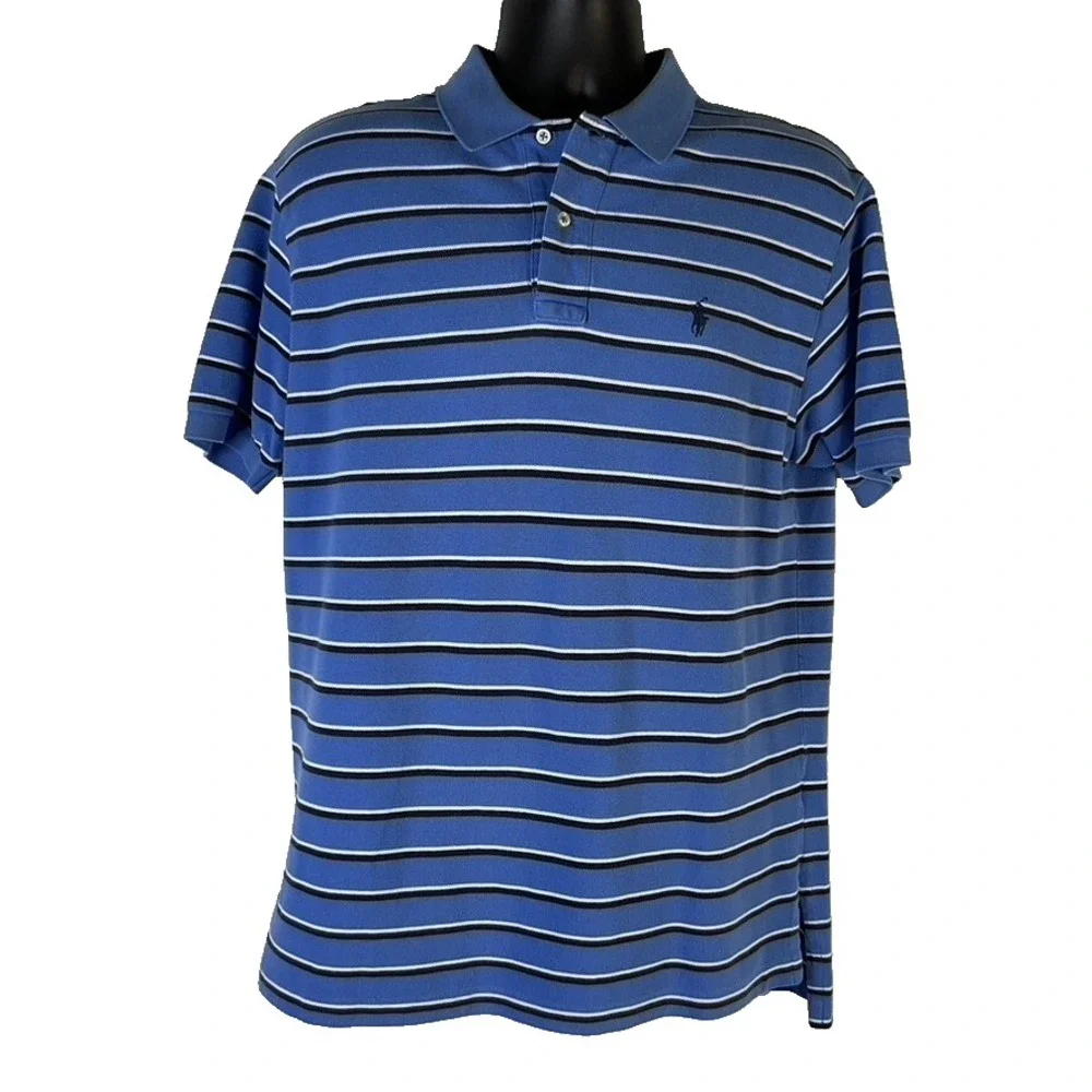 Ralph Lauren Polo Shirt Men's Lg Blue White Black Stripe Pony Outdoor Rugby READ